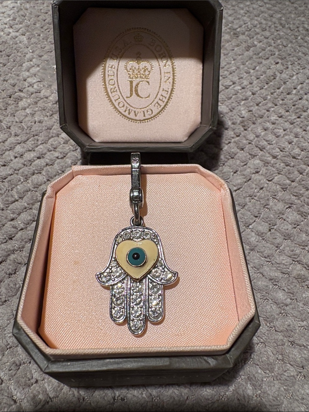 Juicy Couture Silver Hamsa Hand Charm with Gold Heart and Blue Eye
